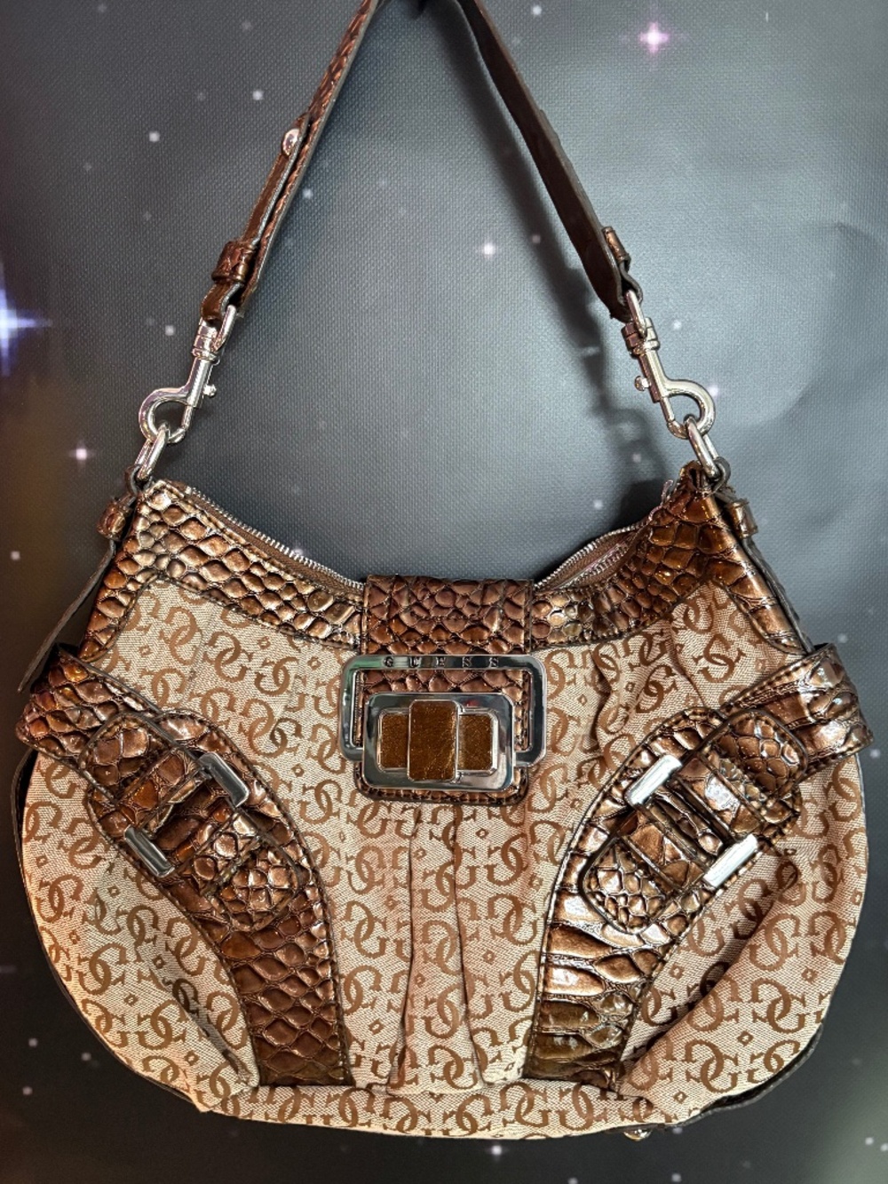 Guess Vintage Y2K Brown Crocodile Snakeskin Shoulder Bag Purse, silver square cl